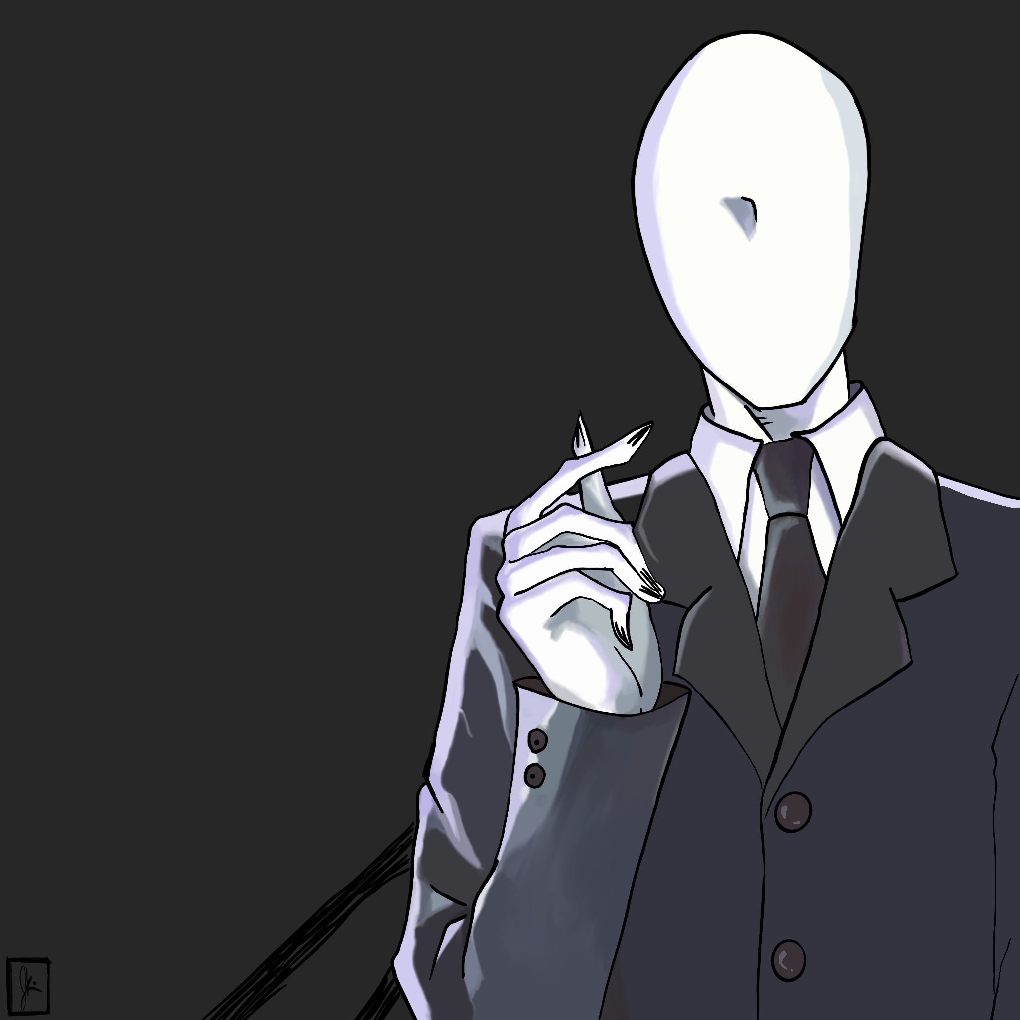 An illustration of a faceless figure wearing a suit and tie, with a white, featureless face and elongated, claw-like fingers. The background is dark, creating a stark contrast with the figure's pale complexion and formal attire, evoking a mysterious and eerie atmosphere.