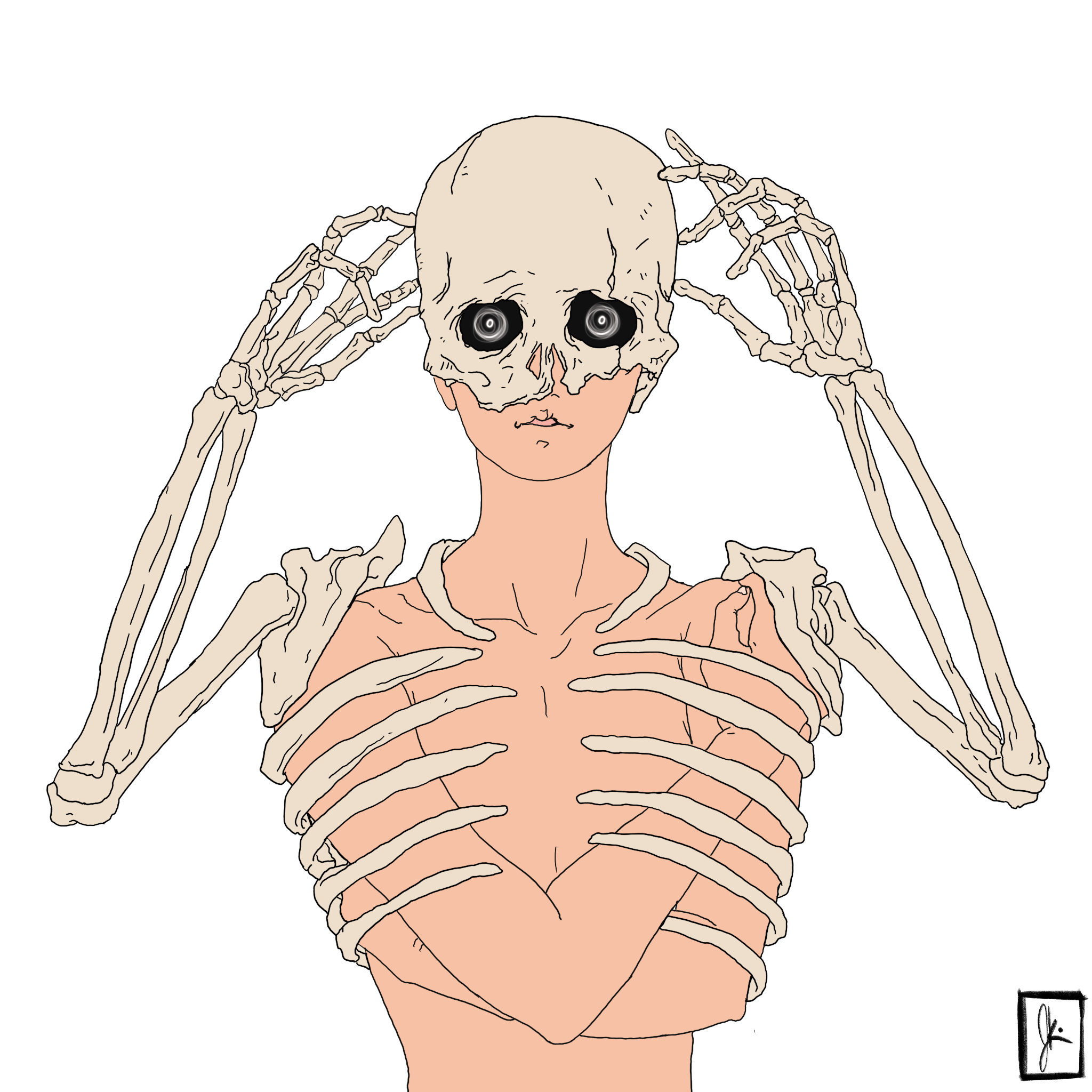 An illustration of a person with a skeletal structure wrapped around their body, resembling an exoskeleton. The figure holds a skull with large, dark eye sockets over their head. The background is white, highlighting the detailed, eerie interplay between the human form and the skeletal elements.