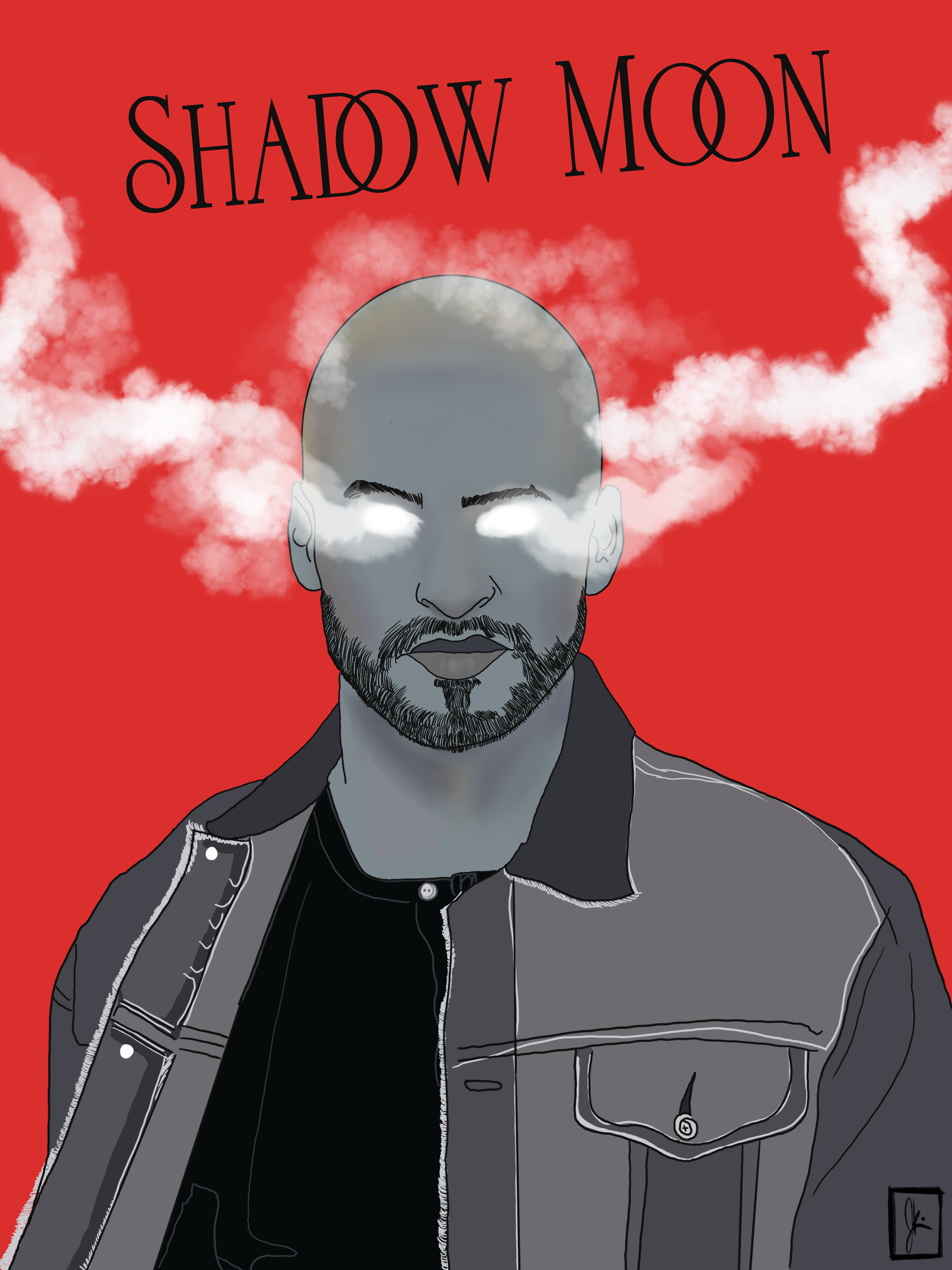 An illustration of a man with glowing white eyes and a smoky aura emanating from his head. The background is bright red, and the text "SHADOW MOON" is written at the top in a bold, stylized font. The man is depicted with a serious expression, wearing a denim jacket over a black shirt.